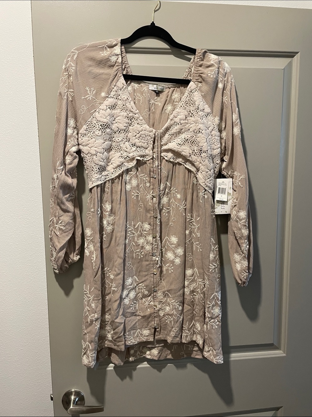 Boho Lace-Detail Taupe Embroidered Women's Dress